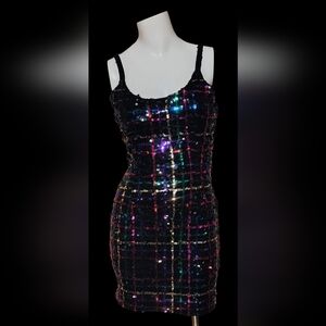 ​Nadine Vintage Multicolor Rainbow Sequin Plaid Mini Dress, Size Small/0
